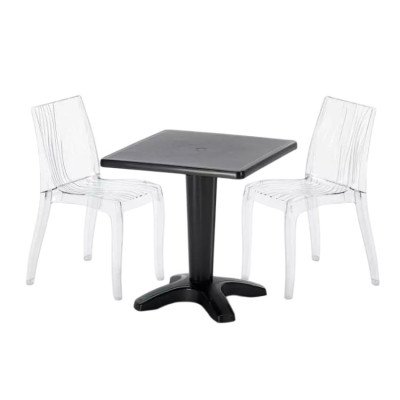 Casamati: Ensemble table 70x70cm, 2 chaises Bellini colorées.