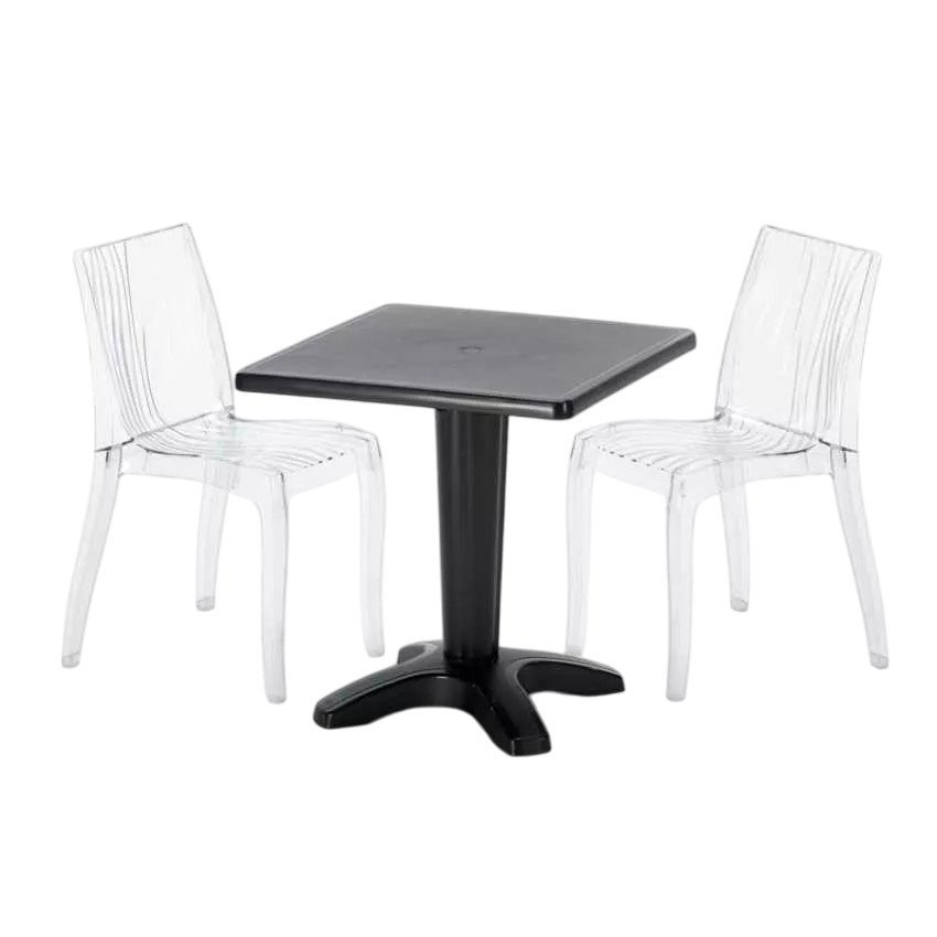 Casamati: Ensemble table 70x70cm, 2 chaises Bellini colorées.