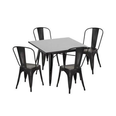 Chaises industrielles Casamati, table noire 80x80.