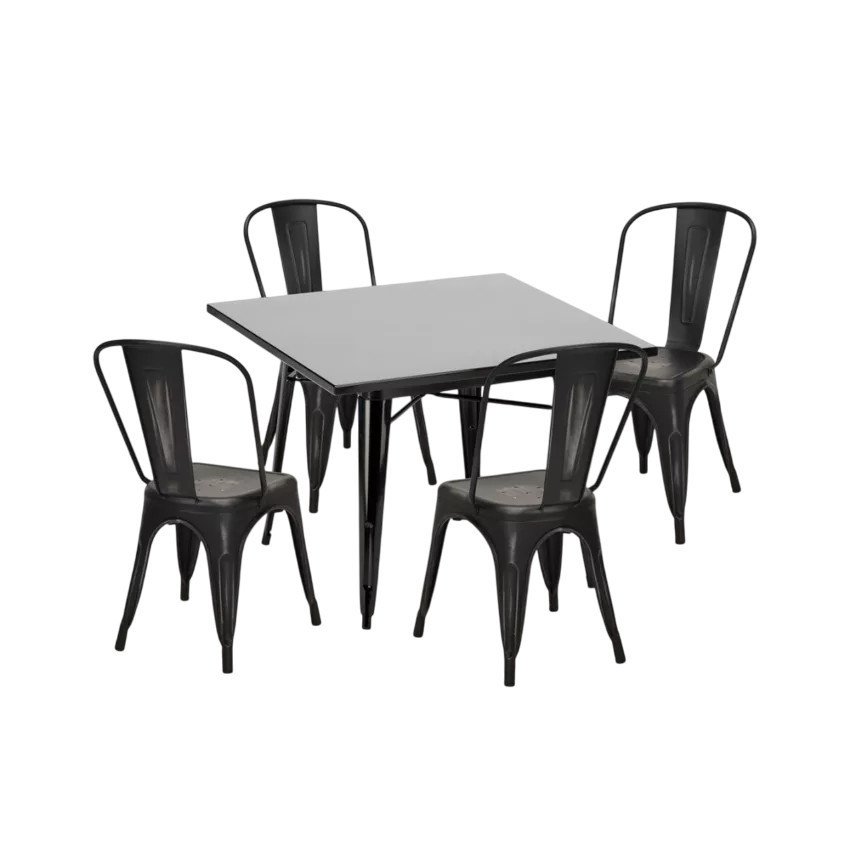 Chaises industrielles Casamati, table noire 80x80.