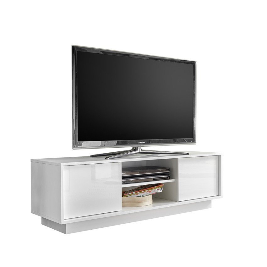 Meuble TV moderne Casamati, blanc laqué, 138cm, 2 portes.