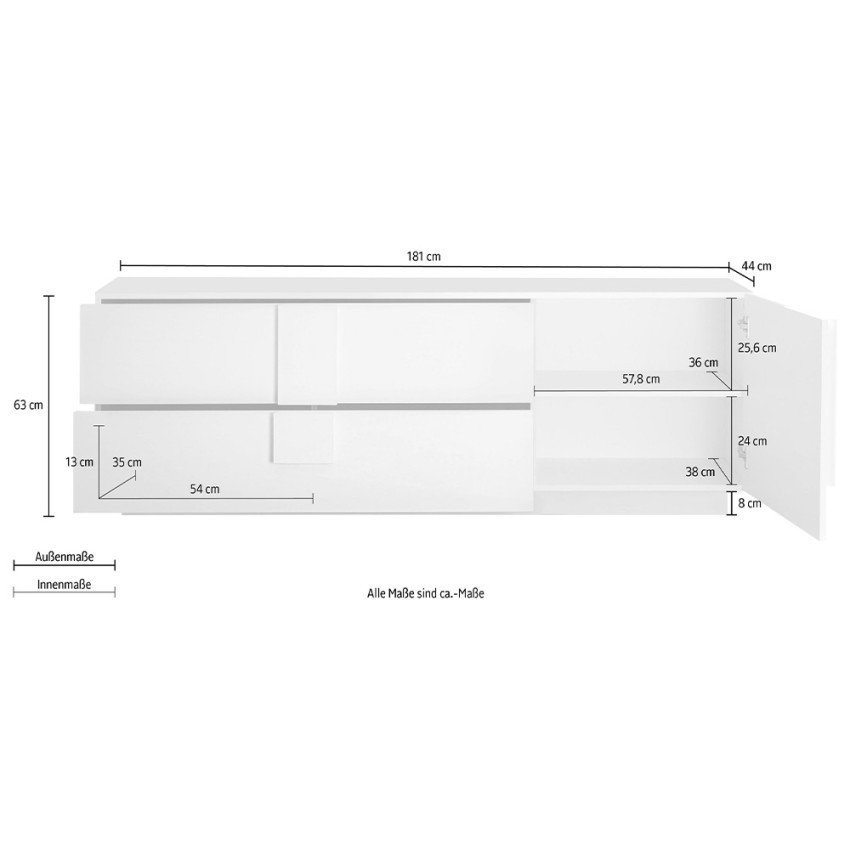 Casamati: Meuble TV Luce blanc brillant, 1 porte, 2 tiroirs.