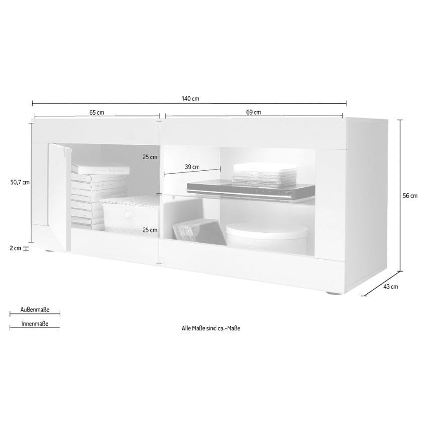 Casamati: Meuble TV Chroma 140x43cm, bois blanc moderne.