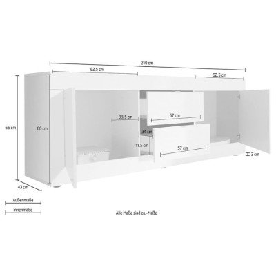 Meuble TV 210cm blanc, 2 portes, 2 tiroirs - Casamati